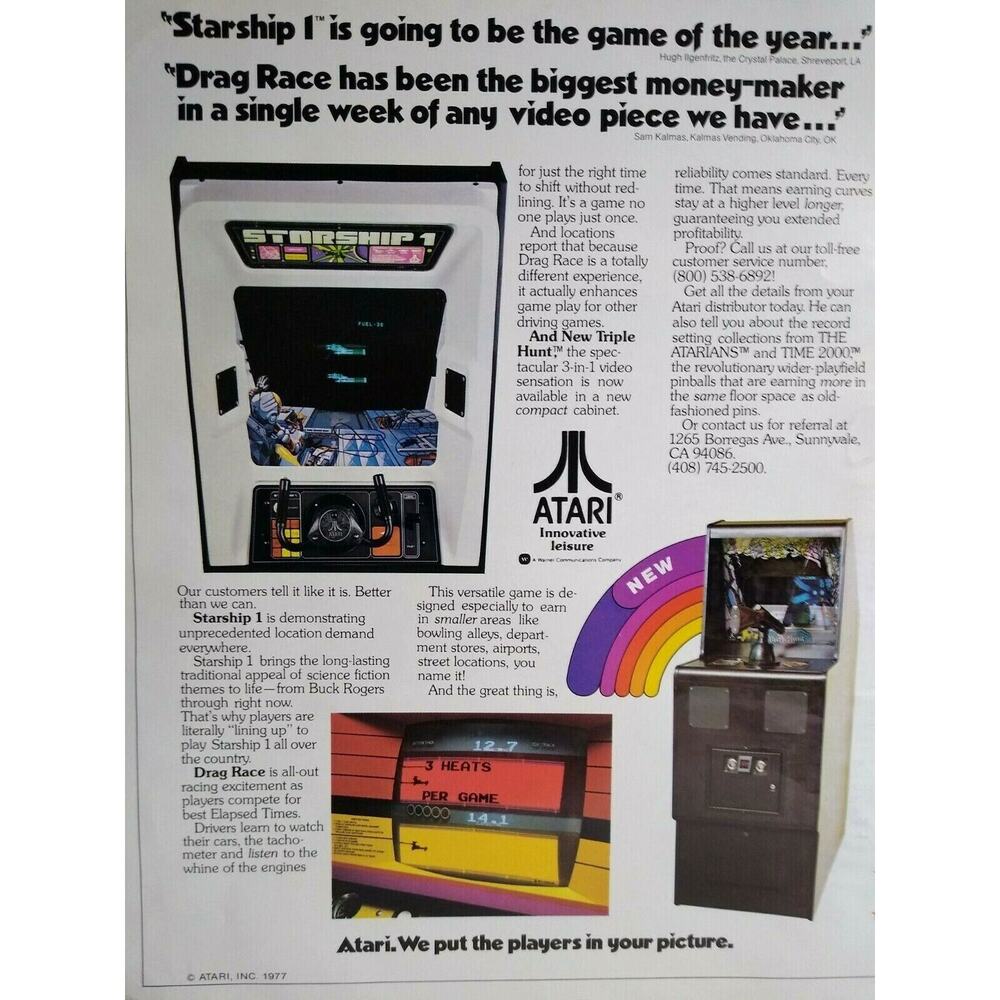 Starship 1 Drag Race Triple Hunt Arcade Magazine AD Video Game Art 1977
